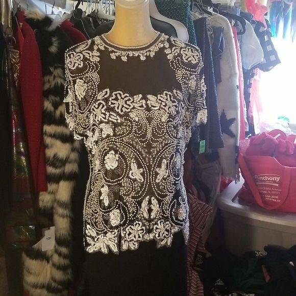 Nite Line Silk Beaded & Sequined Blouse Vintage Sz. 10 - Picture 3 of 16